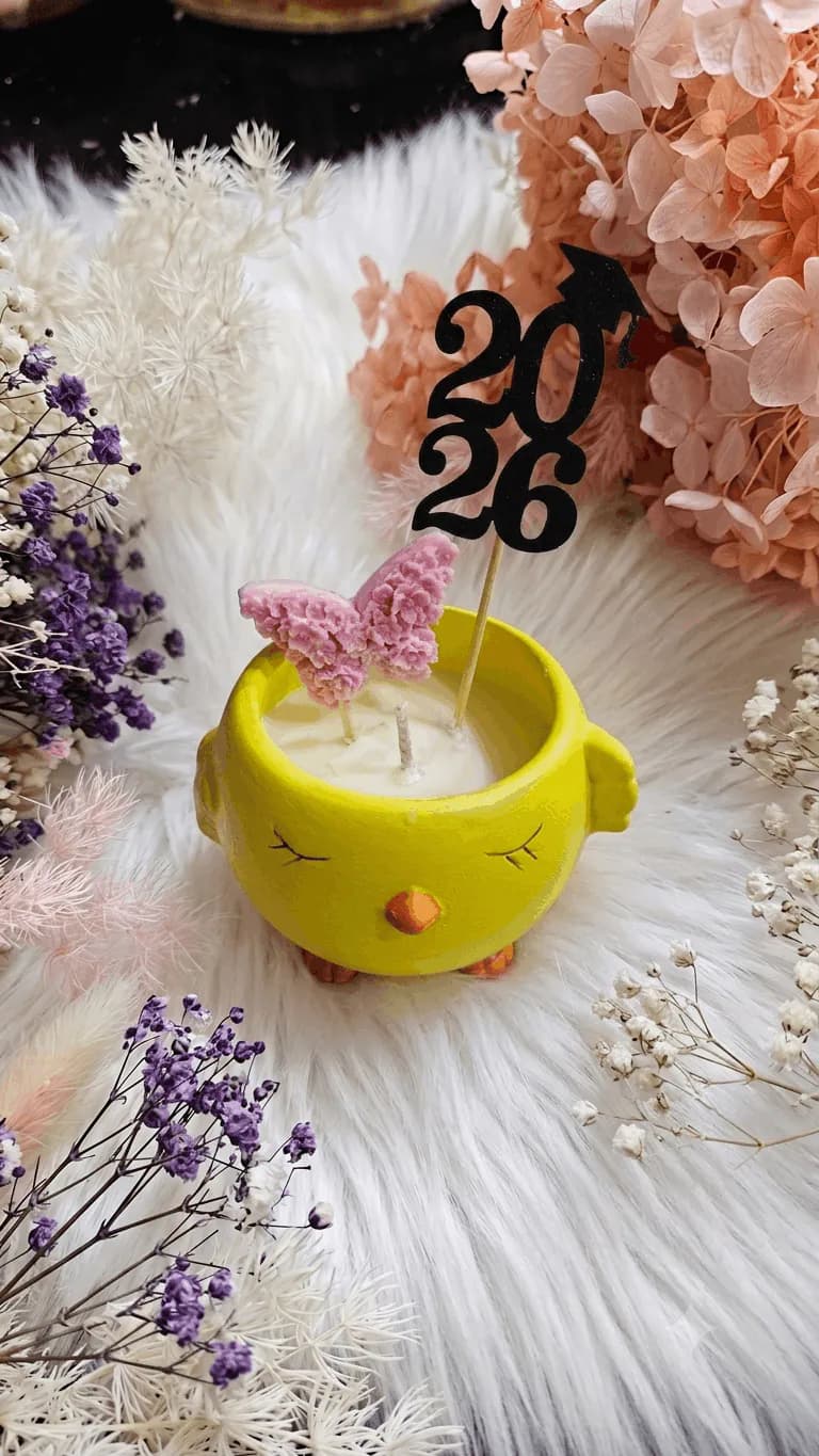 Yellow floral celebration candle with a 2026 topper