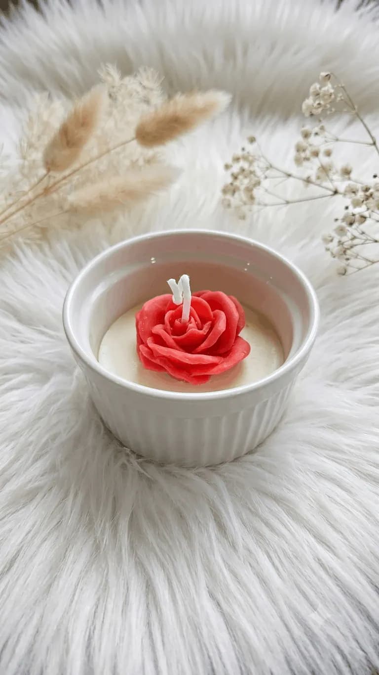Red rose candle in a white ceramic bowl