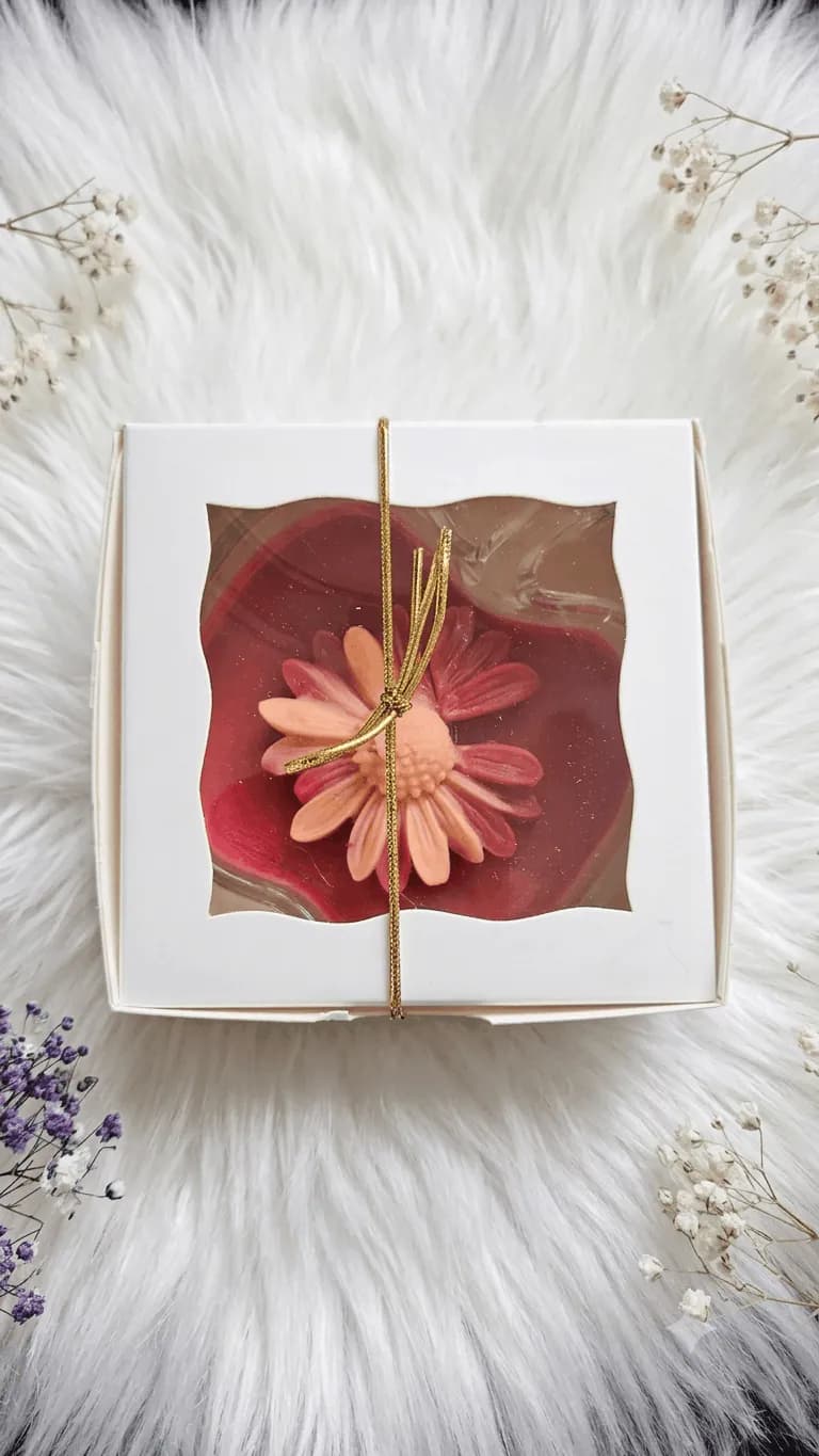 Wrapped floral candle presented in a white gift box
