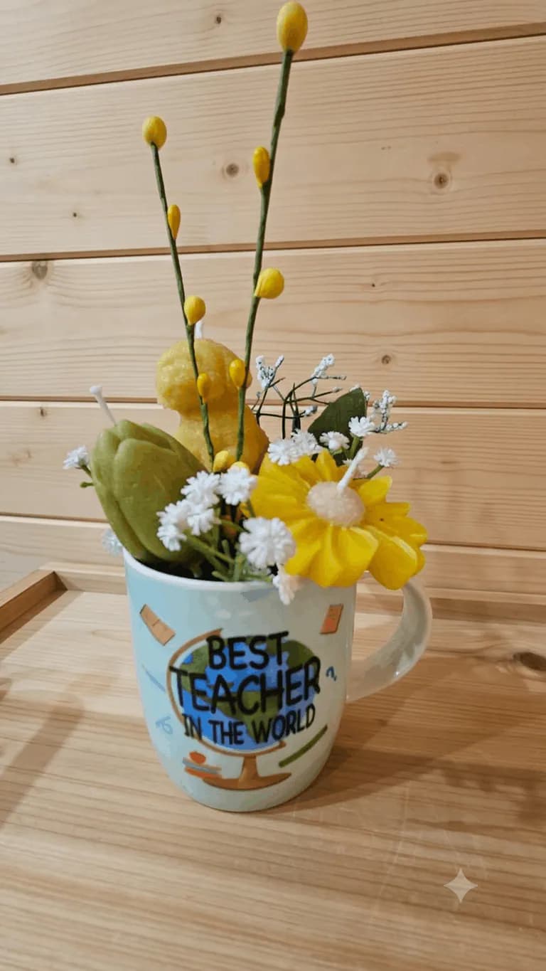 Yellow floral candle arrangement in a teacher gift mug