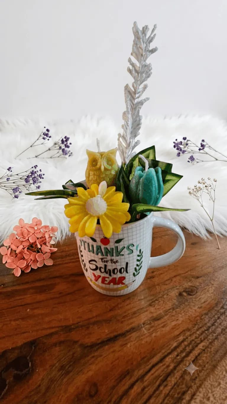 Blue and yellow floral candle arrangement in a teacher mug