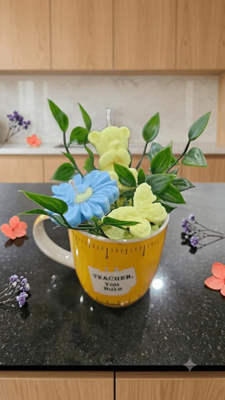 Teacher gift candle overflowing with blue and green florals