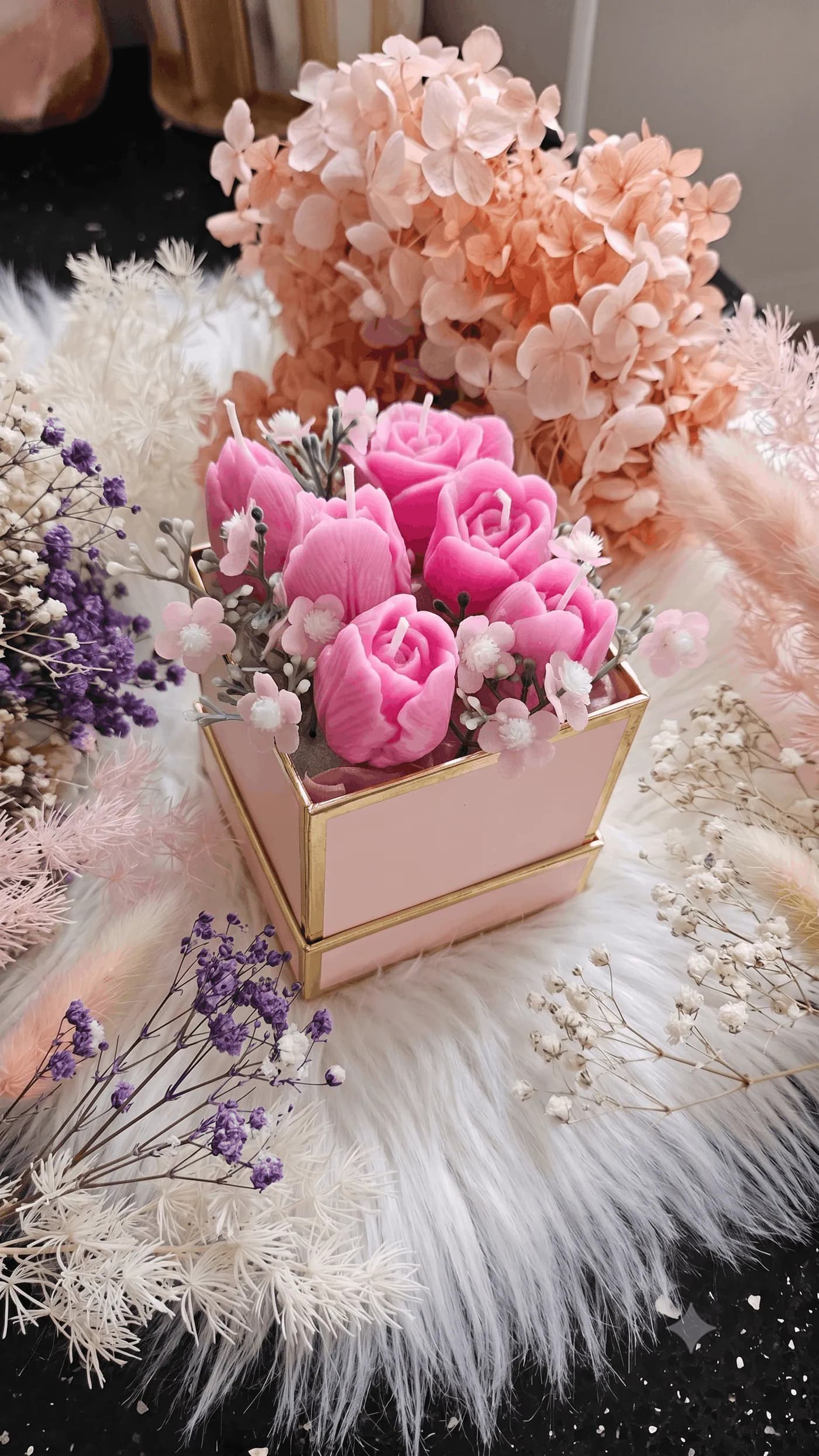 Pink tulip candle bouquet in a blush keepsake box