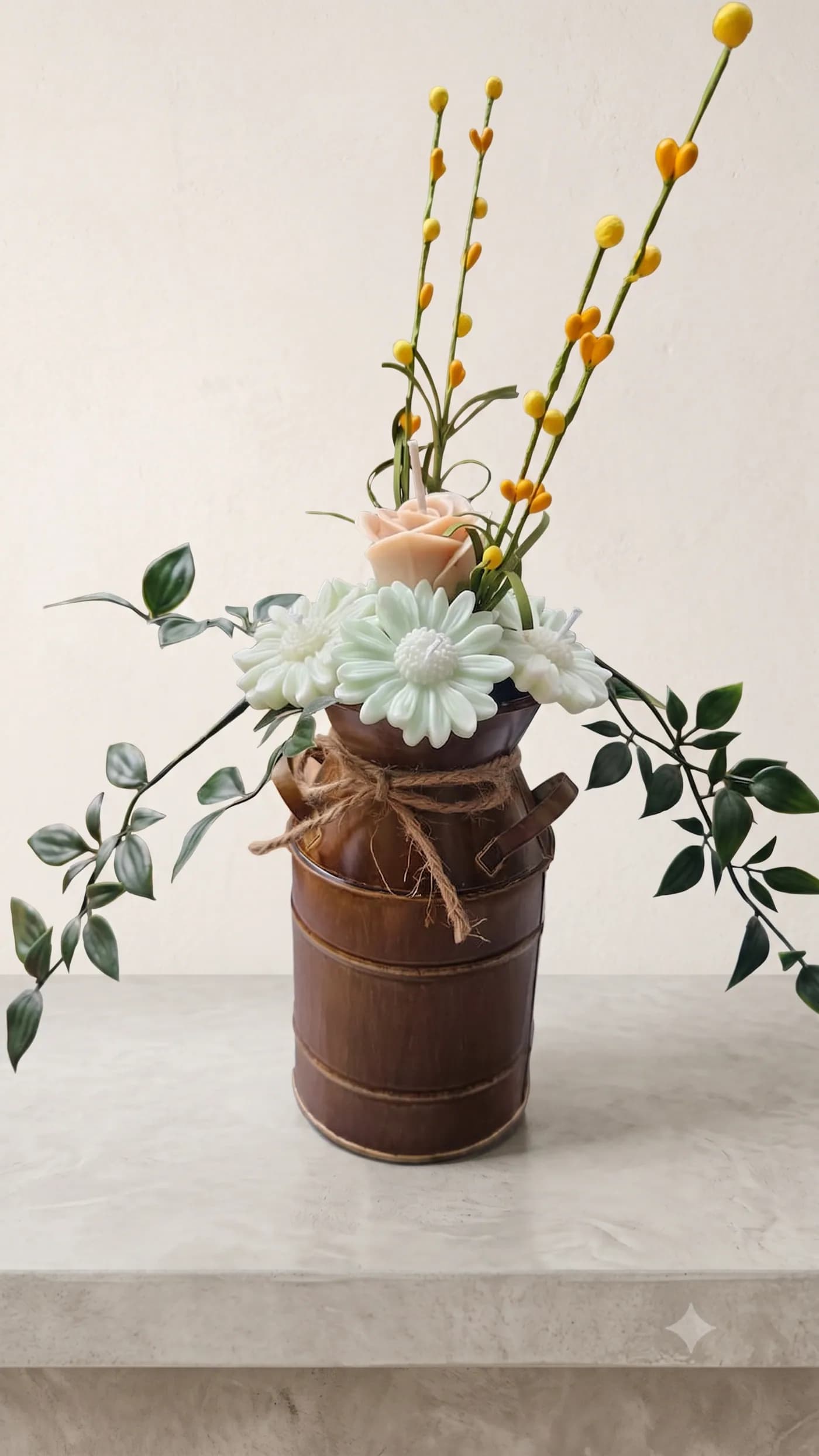 White daisy candle arrangement in a tall brown vessel