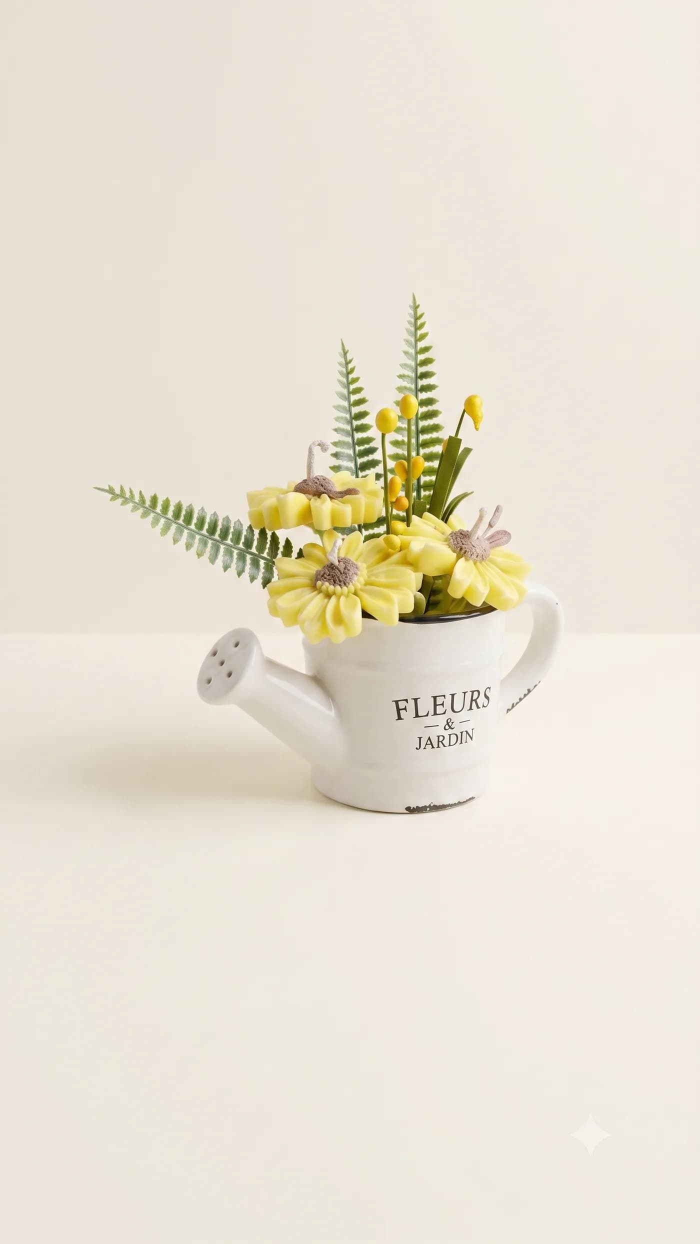 Yellow floral candle arrangement in a white watering can