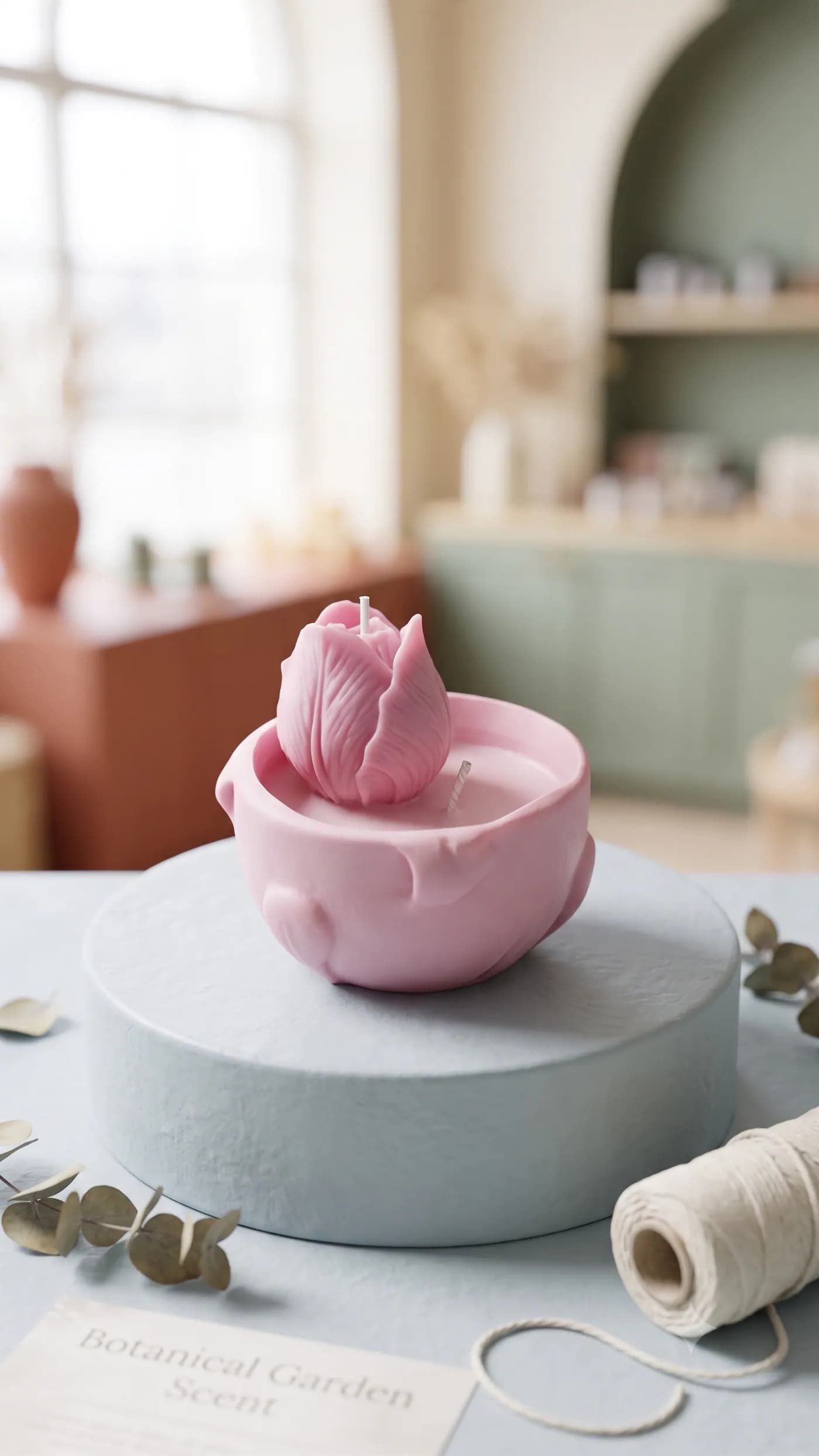 Pink tulip candle in a blush vessel on a softly styled table